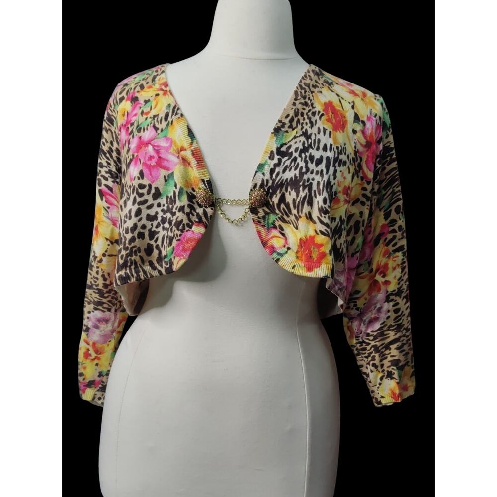 ECI New York Woman Plus Size 3X Silk Cashmere Blend Floral Leopard Shrug Bolero